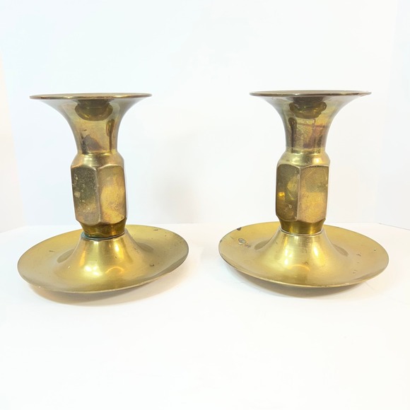 Unbranded Other - Vintage Brass Candlestick Holders Set of 2 Hexagon Stem Made in Taiwan Gold 5in